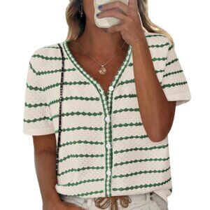 Women’s V-Neck Striped Button-Down Crochet Knit Top Size S